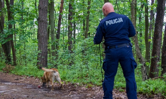 Policjant z psem służbowym w lesie