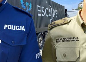 ramiona po prawej stronie policjanta, po lewej straży granicznej. za nimi stoi escapetruck