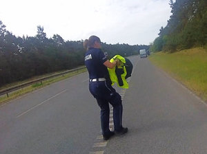 na zdjęciu umundurowana policjantka na ruchliwej drodze, w ręku trzyma rannego myszołowa