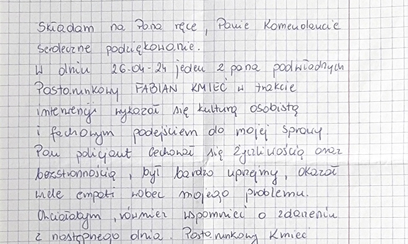 zdjęcie fragmentu listu z podziękowaniami dla policjantów