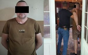 kolaż zdjęć z zatrzymanym poszukiwanym mężczyzną i policjantem
