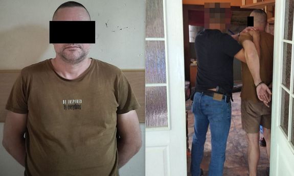 kolaż zdjęć z zatrzymanym poszukiwanym mężczyzną i policjantem