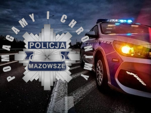 kolaż zdjęć: z lewej strony policyjna odznaka z napisem pomagamy i chronimy wokół, a z prawej widoczny policyjny radiowóz
