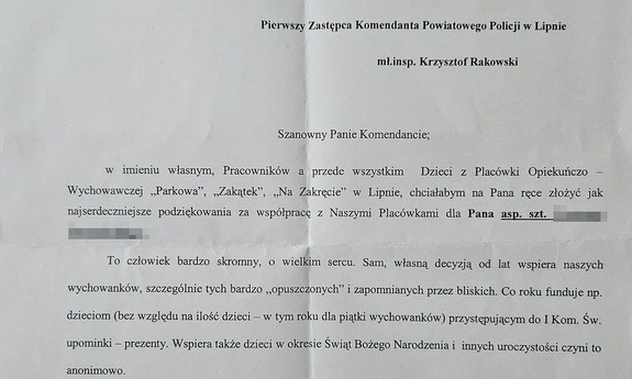 zdjęcie fragmentu listu z podziękowaniami