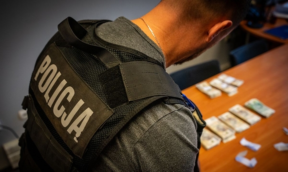 widziany od tyłu funkcjonariusz w kamizelce z napisem Policja, w tle na stole pieniądze