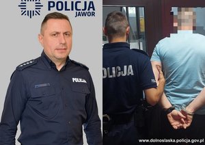 Kolaż dwóch zdjęć. Na jednym umundurowany policjant, na drugim policjant z zatrzymanym mężczyzną skutym w kajdanki