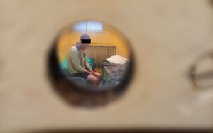 widok przez wizjer na zatrzymanego