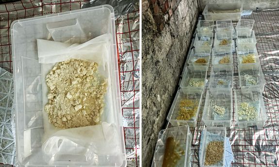 dwa zdjęcia obok siebie. na obu widać plastikowe pudełka z narkotykami