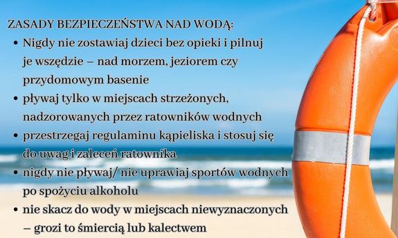 profilaktyczne napisy na grafice przedstawiającej morze i plaże