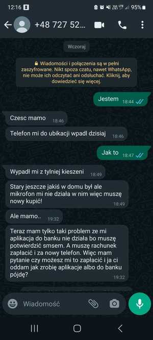 screen z telefonu, wiadomości między oszustem, a kobietą