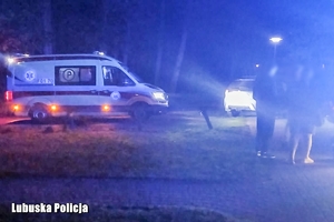 noc, karetka stoi na drodze, przed nią inny samochód