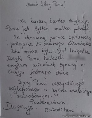 zdjęcie kartki z odręcznie napisanym tekstem podziękowań