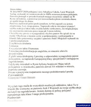 zdjęcie podziękowania dla policjantów za zaangażowanie, pomoc i odnalezienie mężczyzny