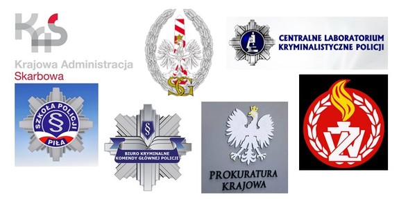 Obraz zawierający loga: Komendy Głównej Policji, Prokuratury Krajowej, Żandarmerii Wojskowej, Straży Granicznej,  Krajowej Administracji Skarbowej, Centralnego Laboratorium Kryminalistycznego Policji oraz Szkoły Policji w Pile