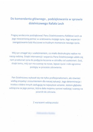 Zdjęcie przesłanego listu z podziękowaniami dla policjanta. Wersja dostępna cyfrowo w załączniku.