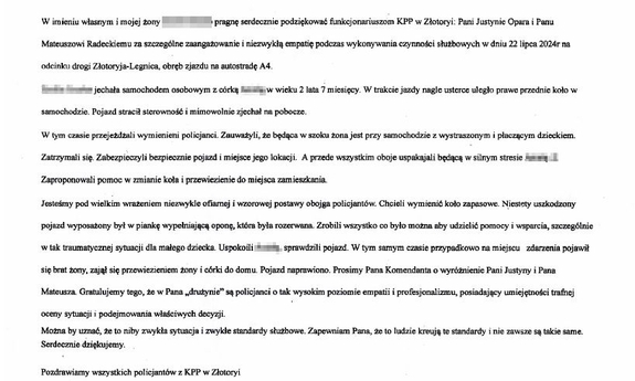 Podziękowanie dla policjantów za pomoc i wsparcie podczas awarii samochodu