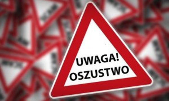 grafika przedstawia znak ostrzegawczy w kształcie trójkąta z napisem: Uwaga! Oszustwo.