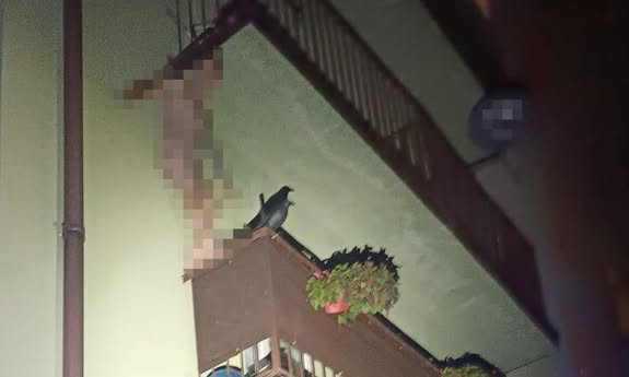 nagi mężczyzna stoi na balkonie.