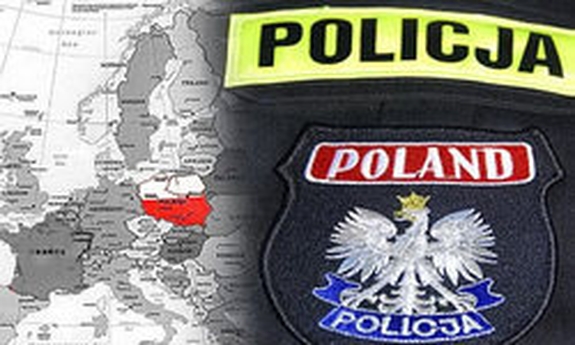 Grafika. Na pierwszym planie po prawej stronie naszywka na mundurze z napisem Policja i orłem, pod którym znajduje się napis Poland. W tle mapa Europy.