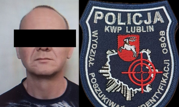 Kolaż dwóch zdjęć. Po lewej stronie wizerunek zatrzymanego mężczyzny, po prawej stronie naszywka z logo Wydziału Poszukiwań i Identyfikacji Osób Komendy Wojewódzkiej Policji w Lublinie.