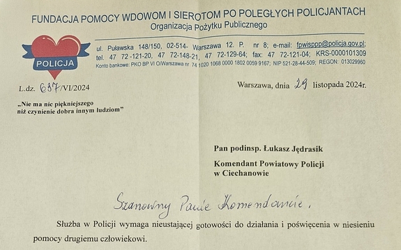 List z podziękowaniami dla funkcjonariuszy.