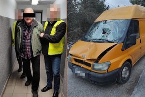 Kolaż zdjęć na których widać jak policjanci prowadzą zatrzymanego mężczyznę oraz rozbite auto.