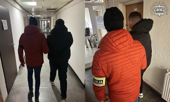 Kolaż zdjęć. Policjant prowadzi zatrzymanego mężczyznę w kajdankach.