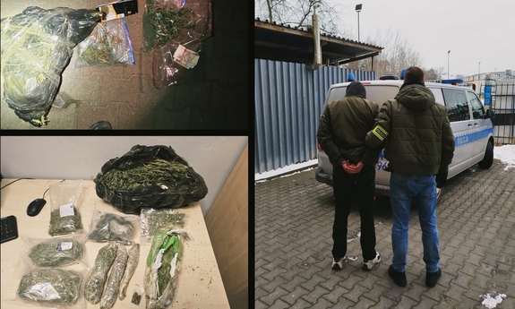 Kolaż zdjęć: policjanci z zatrzymanym mężczyzną i zabezpieczone narkotyki.