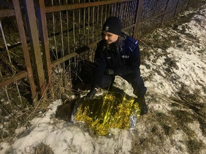 policjanta okrywa bobra kocem termicznym.
