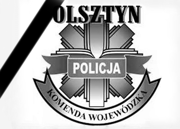 Logo KWP w Olsztynie z czarną wstążką.
