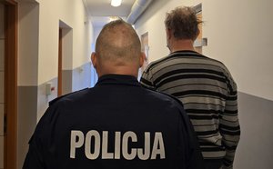 Umundurowany policjant prowadzi zatrzymanego. Widok z tyłu.