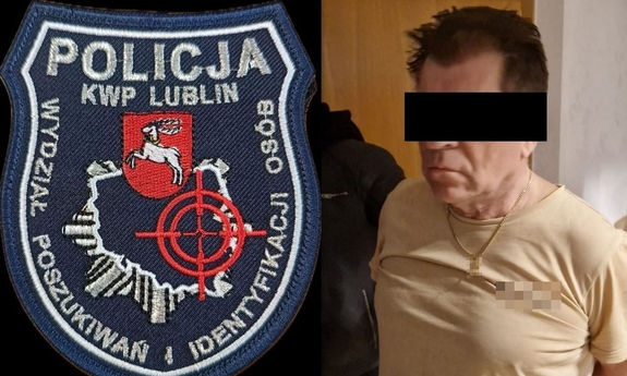 Kolaż zdjęć przedstawia zatrzymanego i naszywkę z napisem Wydział Poszukiwań i Identyfikacji Osób KWP Lublin.
