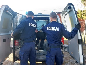 Policjanci i mężczyzna wsiadający do radiowozu.