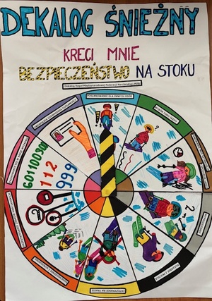 Faustyna Ślaga 10 lat -  Praca plastyczna przestawia w centralnym miejscu koło z podzielonymi sekcjami, w których wymienione są zasady bezpieczeństwa Międzynarodowej Federacji Narciarskiej, nad kołem widnieje napis Dekalog Śnieżny, Kręci mnie bezpieczeństwo na stoku.