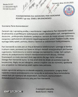 Treść podziękowań, o których mowa w komunikacie.