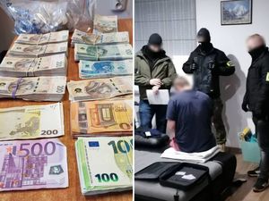 Kolaż zdjęć- z lewej strony rozłożone banknoty euro i polskie o różnych nominałach, z prawej strony trzej nieumundurowani policjanci stoją wokół siedzącego na łóżku mężczyzny.