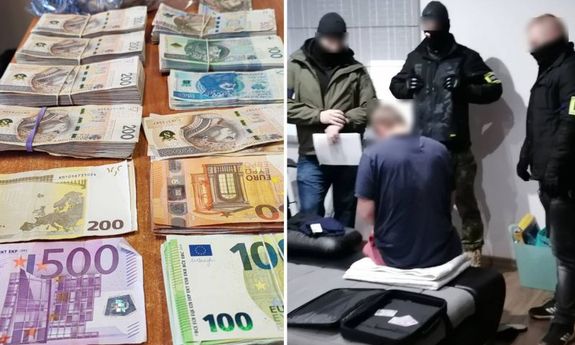 Kolaż zdjęć- z lewej strony rozłożone banknoty euro i polskie o różnych nominałach, z prawej strony trzej nieumundurowani policjanci stoją wokół siedzącego na łóżku mężczyzny.