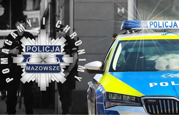 Na zdjęciu z prawej strony widoczny policyjny radiowóz, po lewej stronie znajduje się policyjna gwiazda, a wokół niej napis: Pomagamy i chronimy.