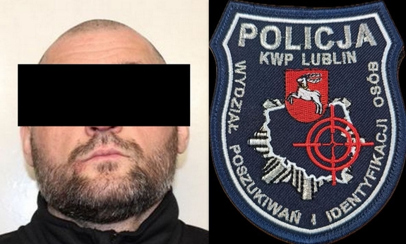 Kolaż dwóch zdjęć. Zatrzymany mężczyzna i  odznaka policyjna z napisem wydział poszukiwania i identyfikacji osób KWP w Lublinie.