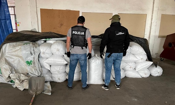 Policjanci i funkcjonariusze KAS w miejscu ujawnienia procederu.