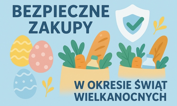 Grafika z napisem Bezpieczne zakupy w okresie świąt wielkanocnych. W tle papierowe torby z zakupami i pisanki.