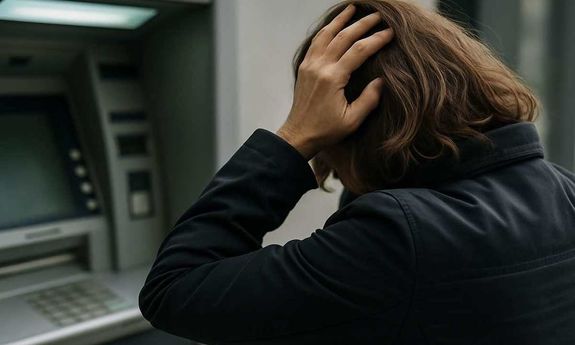 Kobieta trzymająca się za głowę stoi przy bankomacie.