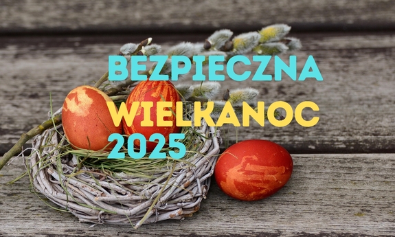 Grafika z napisem Bezpieczna Wielkanoc 2025. W tle pisanki i bazie.