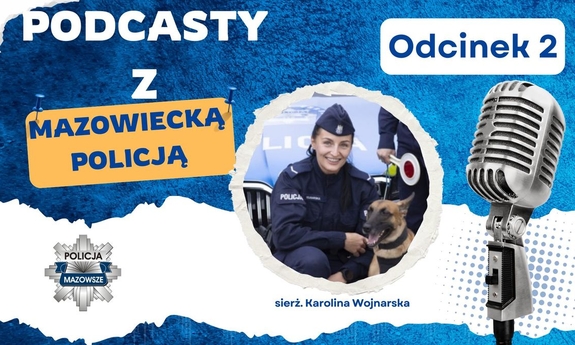 Grafika z zapowiedzią podcastu. Policjantka z psem.