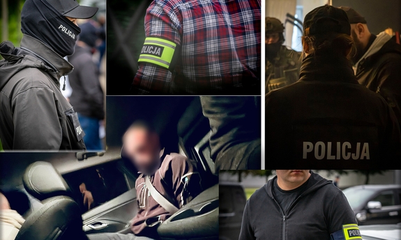 Kolaż zdjęć przedstawia zatrzymanego i funkcjonariuszy.