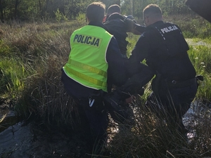 Policjanci pomagają zaginionemu mężczyźnie wydostać się z mokradeł.