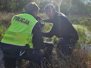 Policjanci pomagają zaginionemu mężczyźnie wydostać się z mokradeł.