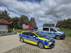 Policyjne dwa radiowozy i wóz strażacki.