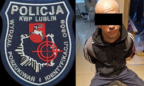 Kolaż zdjęć. Po lewej stronie widoczna naszywka z napisem: Policja KWP Lublin Wydział Poszukiwań i Identyfikacji Osób. a po prawej stronie zdjęcie zatrzymanego mężczyzny, który siedzi na krześle i ma zasłonięte oczy paskiem.