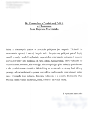 Na zdjęciu treść podziękowań skierowanych do Komendanta Powiatowej Policji w Choszcznie.
